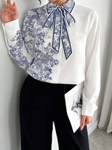 SHEIN Clasi Blusa elegante de manga larga con cuello de corbata y estampado floral otoñal para mujer