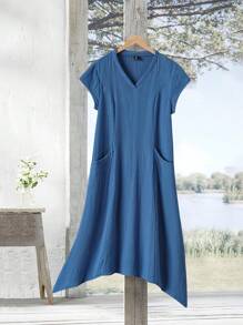 Rusticease Plus Size Women Blue Short Sleeve Casual Dress, Early Spring - Blue - View 7