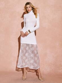 Poéselle Women's Lace Patchwork Stand Collar Long Sleeve Casual Long Dress - White - View 5