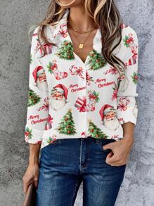 EMERY ROSE Camisa holgada de mujer de manga larga con diseño minimalista navideño, adecuada para otoño/invierno
