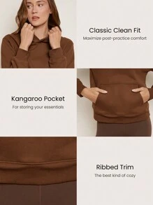 GLOWMODE Everyday Fleece Regular Ribbed Trim Hoodie Sweatshirt With Kangaroo Pocket Daily Casual Fall Winter - Brown - View 3