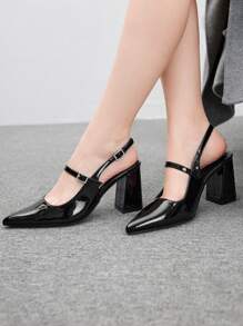 CUCCOO BIZCHIC 女式黑色漆皮圆头粗跟鞋，配带扣带 - 黑色 - 查看 5