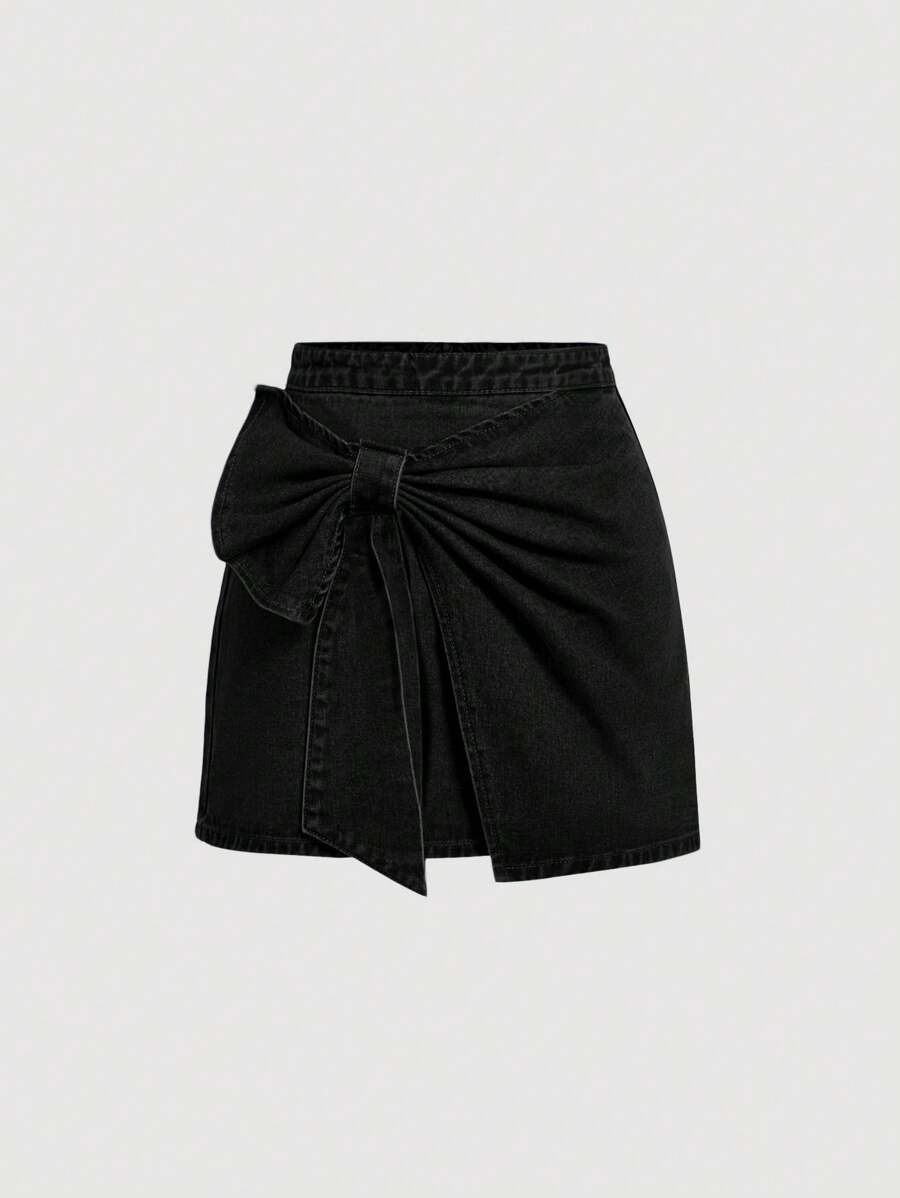SHEIN MOD Váy mini denim cỡ lớn, dài đến đầu gối, váy cánh bướm ôm sát, trang phục dự tiệc trở lại trường, màu xanh lam - màu đen - Xem 1