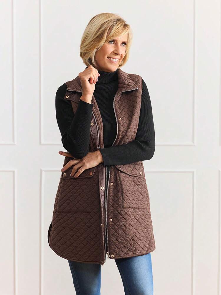 Women's Solid Color Zip Front Pockets Sleeveless Casual Padded Coat, Autumn & Winter