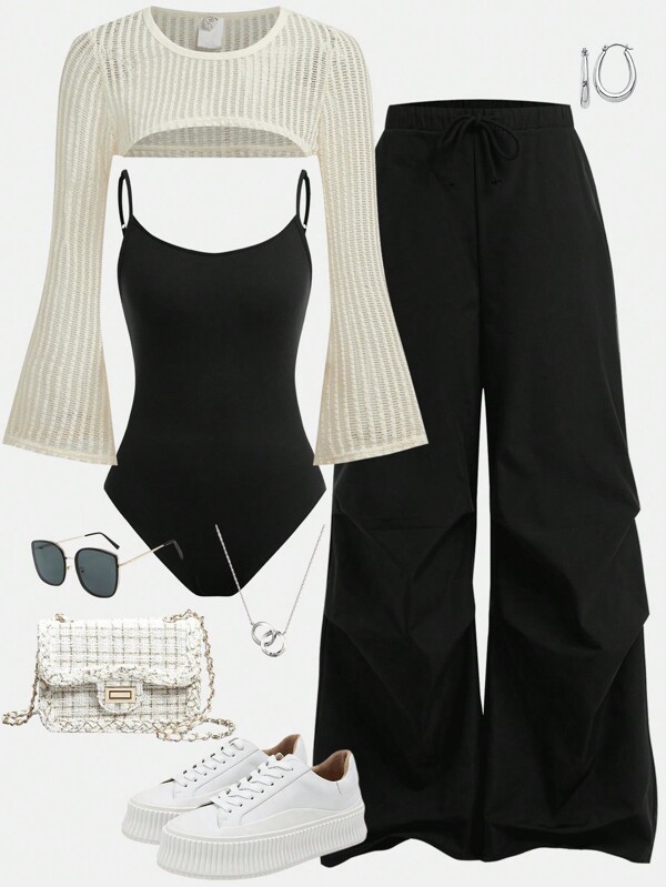 Girlism Teen Girl 3pcs/Set , Black Apricot, Autumn And Winter, Casual And Versatile, Street Style, Parent-Child Matching, Back-To-School Day,Solid Color Hollow Out Jacquard Knit Tank Top,Suspender Bodysuit And Casual Pants Outfit