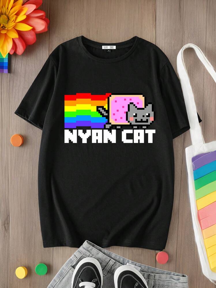 Nyan Cat X SHEIN Camiseta feminina casual, de manga curta e decote