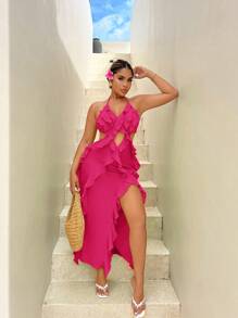 SHEIN SXY 荷叶边后背镂空无袖吊带裙 - 玫紅色 - 查看 5