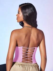 SHEIN BAE Top feminino de cor sólida com contraste de renda e bandeau - Baby Rosa - Ver 2