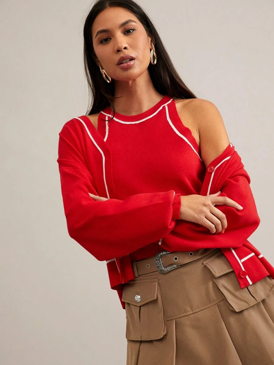 SHEIN Essnce 2 件套女式撞色前扣长袖简约夹克和套头衫 - 紅色 - 查看 1