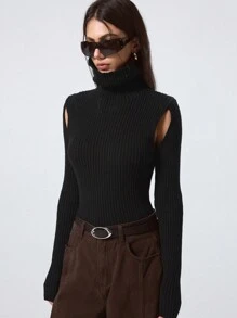 LYSMO 女士纯色高领长袖简约休闲上衣，日常穿着 - 黑色 - 查看 1