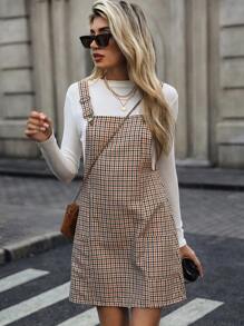 SHEIN Clasi Women Plaid Print Sleeveless Pocket Hem Short Casual Dress