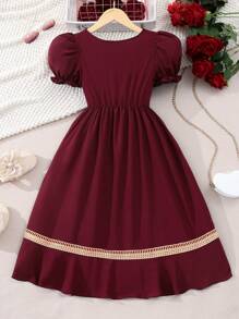 Tween Girls V-Neck Lace Panel Elegant Short Sleeve Dress - Burgundy - View 2