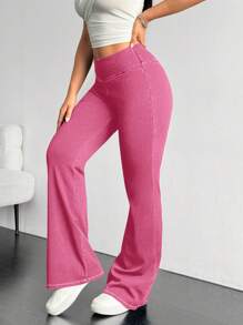 SHEIN EZwear Women's Asymmetric Waist Flared Casual Versatile Jeans,Christmas, Valentine's Day, New Style, Pink High Elastic Leggings Knitted Jeans Flared Pants