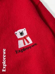 SHEIN 都市休闲风格女孩开衫毛衣，熊刺绣连帽长袖，适合秋冬季户外、学校、派对等场合 - 紅色 - 查看 3