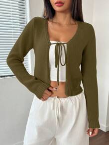 SHEIN Unity 女式纯色长袖系带休闲开衫，秋冬 - 綠色 - 查看 5