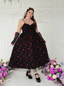 Flirla Romantic Heart/Polka Dot/Lip Print Mesh Panel Adjustable Spaghetti Strap Casual Dress, Suitable For Valentine's Day, New Year - Black - View 3