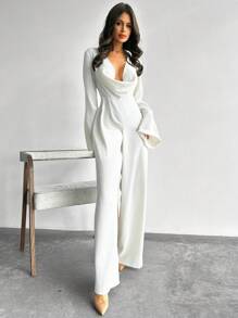 Firerie 女士优雅简约都市通勤时尚蝙蝠袖高腰连体裤，秋冬 - 杏色 - 查看 3