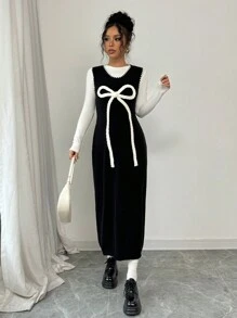 Chiquease Elegantes, romantisches Damenstrickkleid mit süßer Schleifen-Deko, Maxikleid für Damen - Schwarz - Übersicht 6