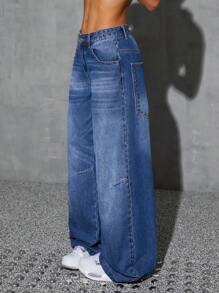 SHEIN ICON Jeans de mujer de patas anchas y lavados con remaches, moda estilo urbano - Azul lavado oscuro - Ver 1