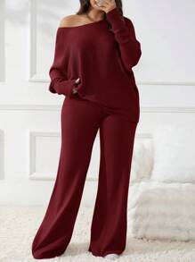 SHEIN Frenchy Plus Size Solid Color Crew Neck Long Sleeve Sweater And Pants Casual Outfits,Fall Sweaters - Burgundy - View 6