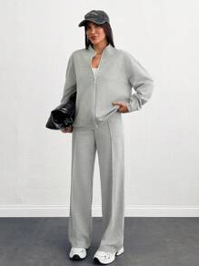 SHEIN Cottnline ZIP-UP LONG SLEEVE SWEATSHIRT & SWEATPANT CO-ORD - Grey - View 7