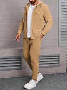 Manfinity Homme Men Plus Flap Pocket Drawstring Hooded Shirt & Pants - Khaki - View 6