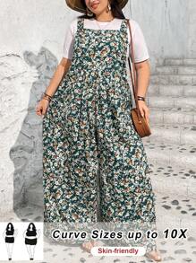 SHEIN CURVE+ Women's Plus Size Floral Print Jumpsuit, Vacation, Casual Boho Vacation