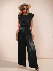 SHEIN LUNE 素色斜口袋闊腿連體褲 - 黑色 - 查看 3