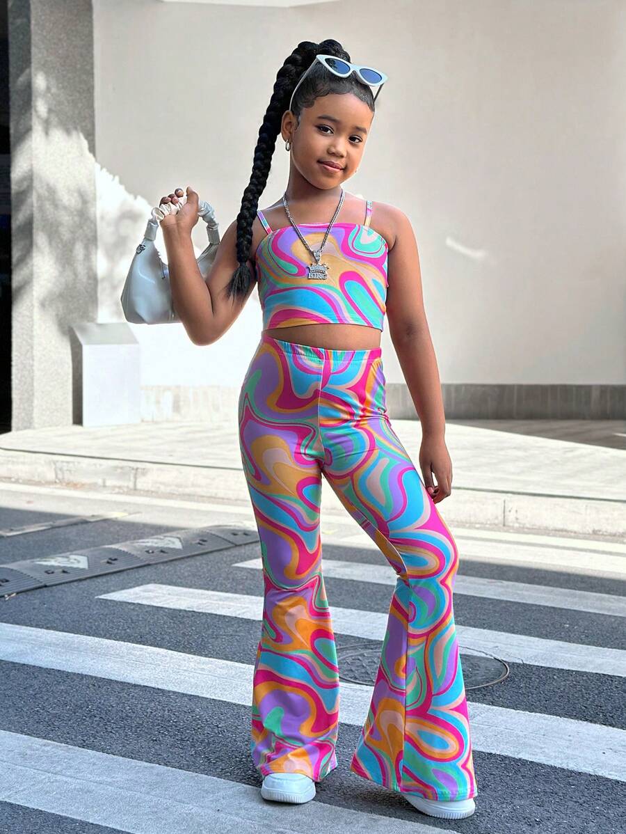 SHEIN Leap Crew Tween Girl Street Style Comfy Ribbed Wavy Print Camisole Tank Top & Flared Pants Set - Orange - View 1