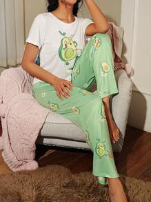 Cartoon Graphic Tee & Pants PJ Set / Pajama Set - Multicolor - View 3