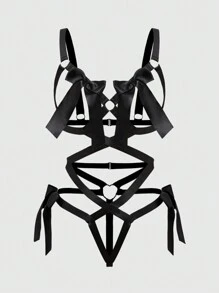 ROMWE Gothic Punk Motorcycle Butterfly Webbing Triangle Cup Triangle Panty Sexy Bodysuits - Black - View 1