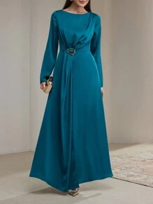Veilorie 女士纯色圆领长袖褶皱优雅长袍连衣裙 - 藍色 - 查看 3