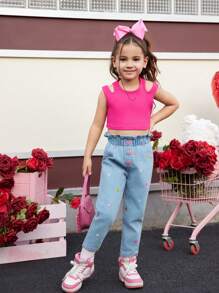 1 Set Young Girl Solid Color Round Neck Top And Front Button Long Pants - Multicolor - View 6