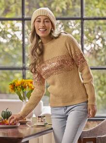 LanaWest Suéter de mujer con cuello redondo y parches de lentejuelas para otoño/invierno