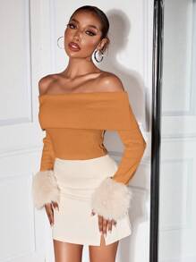 SHEIN SXY Jesienne ubrania damskie; Damskie wiosenne jesienne jednolite kolory patchworkowe futrzane mankiety odkryte ramiona dopasowane modne bluzki wyjściowe dla kobiet, elegancki strój na codzienne randki, klubowanie, imprezy i wydarzenia noworoczne; Noworoczny strój damski