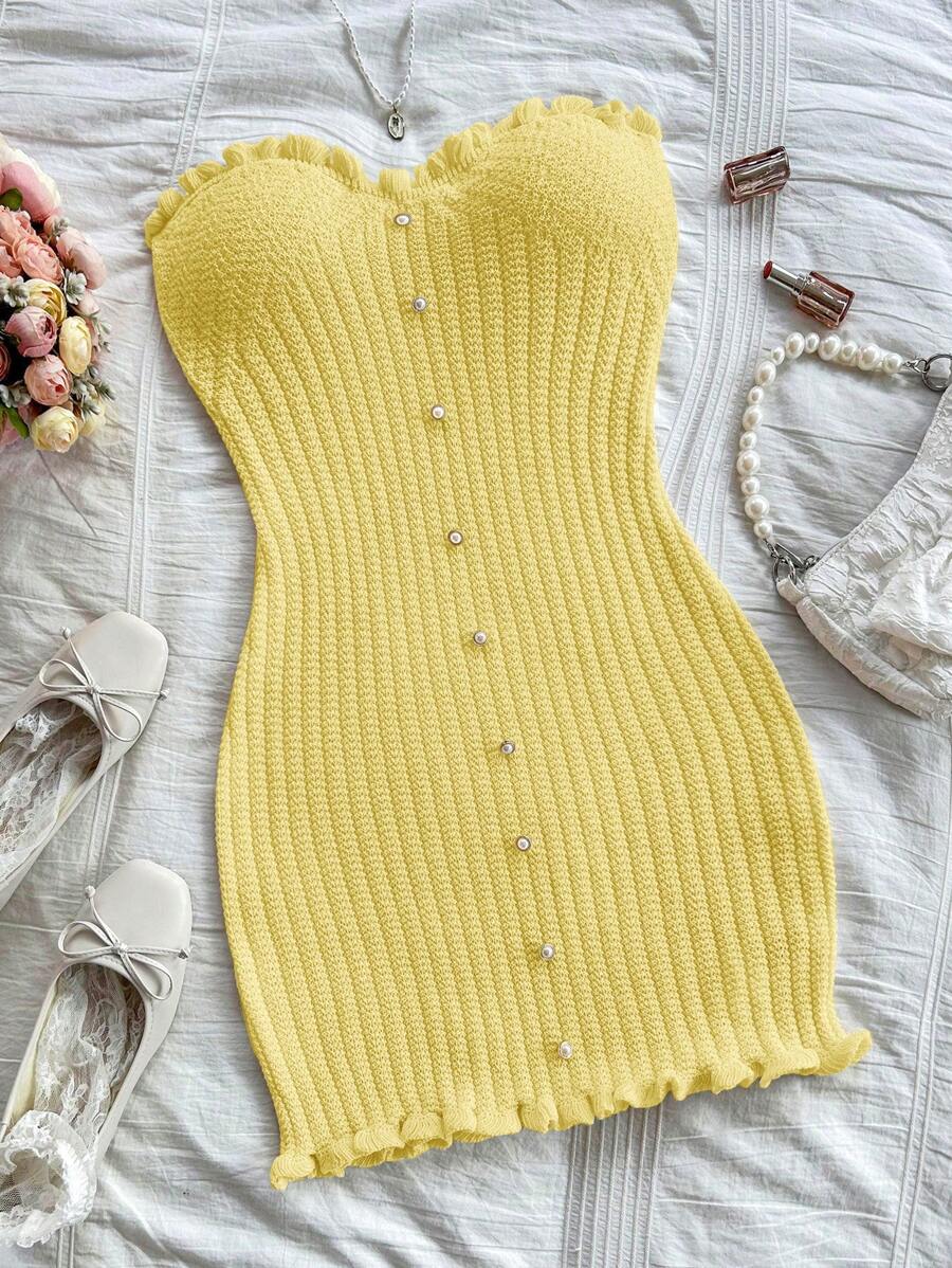 Soleia Fitted Ribbed Knit Dress With Ruffle Hem And Button Detail, Sexy & Comfortable - Yellow - View 1