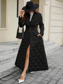 SHEIN Clasi Women's Elegant Cinched Waist Quilted Cotton Padded Long Coat With Fur Collar, Pockets, White, Winter - Black - View 4