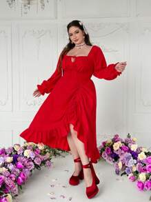 Lyrianda 大码春夏秋方领蝴蝶结复古宫廷风优雅浪漫节日圣诞情人节宴会灯笼袖褶皱连衣裙 - 紅色 - 查看 5
