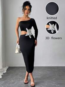 Calvaya Women's Solid Black Asymmetrical Floral Dress