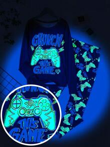 SHEIN Teen Boys' Snug Fit Video Game Graphic Print Long Sleeve Pajamas Set