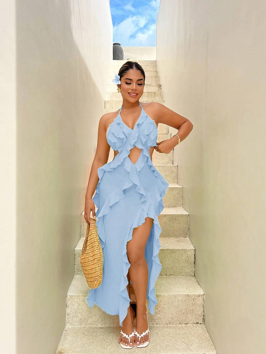 SHEIN SXY Gaun Tanpa Lengan Model Halter Tanpa Punggung dengan Hiasan Ruffle untuk Liburan Pantai Musim Panas Wanita, Gaun Santai - Baby Blue - View 1