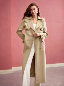 MOTF PREMIUM FLORAL APPLIQUED DOUBLE BREASTED TRENCH COAT - Khaki - View 5