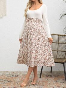 SHEIN Maternity Casual Contrast Floral Print Dress, For Autumn