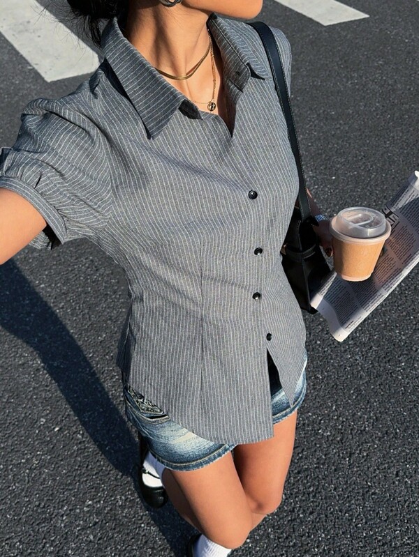 Siren Gaze Spring And Summer Women's Gray Short-Sleeved Shirt, Retro Y2K Waist Shirt, Daily Commuting And Workplace Wear