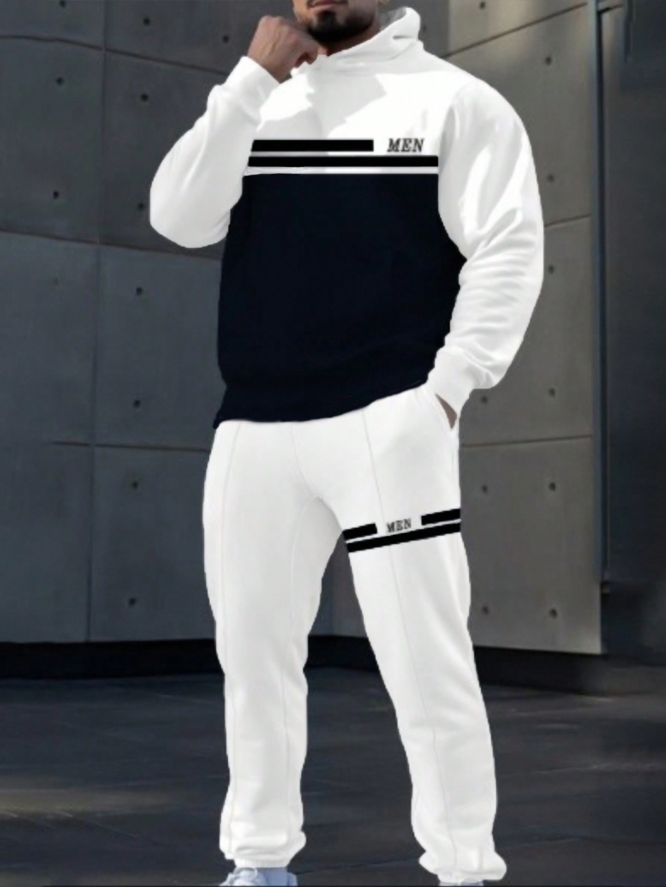 Manfinity Dauomo Men's Spring Autumn Casual Sports Color Block Hooded Sweatshirt & Long Pants Set