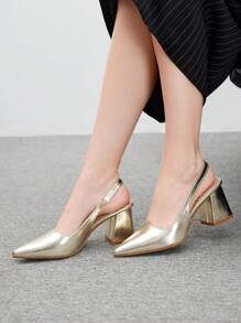 CUCCOO BIZCHIC Fashion Gold Thick Heel Pointed Toe Backstrap High Heel Pumps, Suitable For Commuting, Dating, Party, Wedding, Holiday Spring Shoes Spring Break Easter For Christmas - Gold - View 5