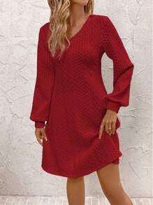 SHEIN Clasi Women's Solid Color V-Neck Long Sleeve Casual Short Dress, Autumn