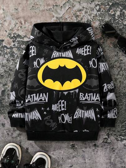 BATMAN X SHEIN 85th 年轻男孩街头休闲运动宽松蝙蝠图案字母印花连帽运动衫，适合秋冬季