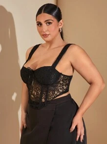 SHEIN BAE Plus Size Black Lace Sheer Sexy Top, Suitable For Dating, Party, Afternoon Tea, Summer Women Tops, Christmas Corset, Milkmaid Top, Holiday Women Tops, Sexy, Alternative Style, Y2K, New Year - Black - View 4