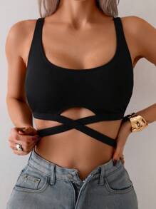 SHEIN Swim Women's Solid Color Wide Strap Hollow Simple Bikini Top Summer - Black - View 4